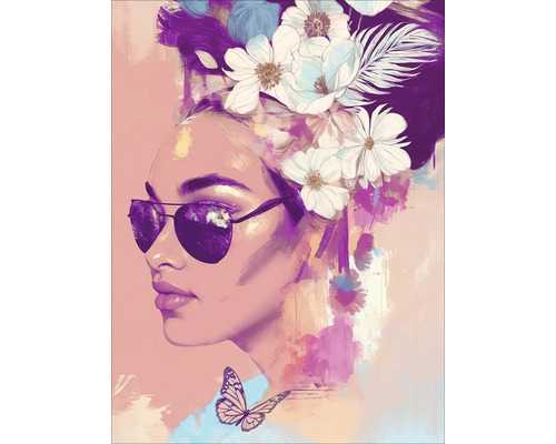 Peinture d''une femme avec des lunettes de soleil et des fleurs dans les cheveux
