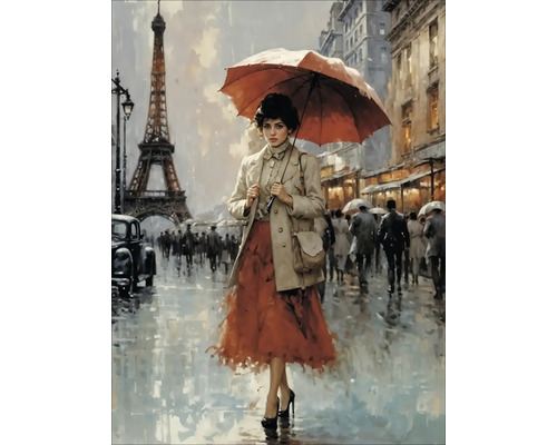 Illustration einer Frau mit Regenschirm vor dem Eiffelturm in Paris