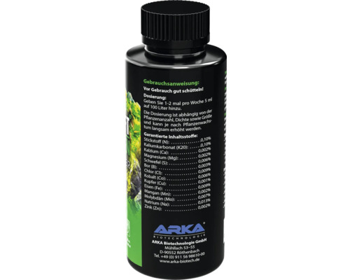 Bouteille d''engrais liquide pour plantes d''aquarium avec instructions de dosage et liste des ingrédients