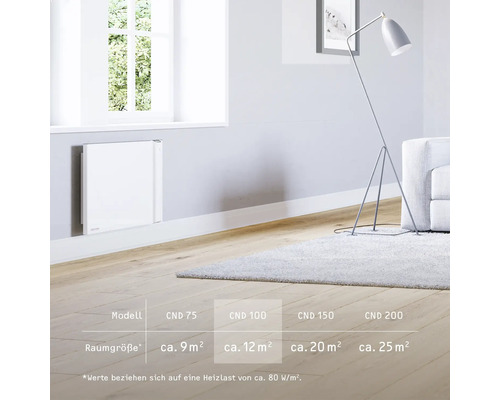 Wohnraum mit Elektroheizung, Stehlampe und Teppich sowie Größenangaben in Tabelle