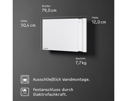 Stiebel Eltron Heizung mit den Maßen 79,0 cm Breite, 50,4 cm Höhe und 12,0 cm Tiefe, Gewicht 7,7 kg, ausschließlich für Wandmontage und Festanschluss durch Elektrofachkraft