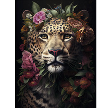 Glasbild Jaguar With Flowers 60x80 cm