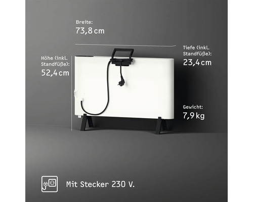 Radiateur blanc avec pieds noirs et les dimensions suivantes : largeur 73,8 cm, hauteur 52,4 cm, profondeur 23,4 cm et un poids de 7,9 kg. Prise 230 V incluse.