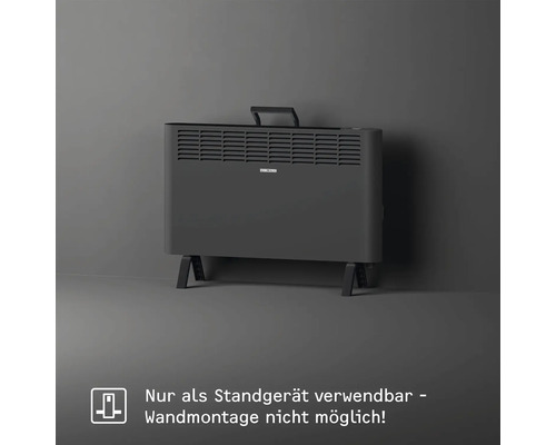 Freistehender Konvektorheizkörper mit Tragegriff und Füßen.