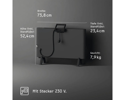 Abbildung eines Heizkörpers mit Maßangaben zu Höhe, Breite, Tiefe und Gewicht. Der Heizkörper hat einen 230-Volt-Stecker.