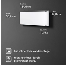 Radiateur électrique pour montage mural avec des dimensions de 124,0 cm de largeur, 50,4 cm de hauteur, 12,0 cm de profondeur et un poids de 11,5 kg. Raccordement fixe par un électricien.