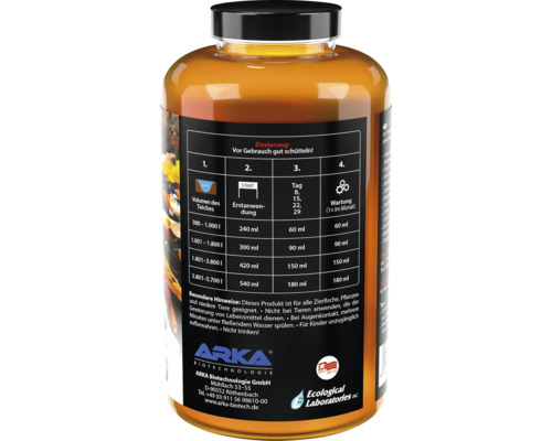 Arka Biotechnologie Teichpflege Dosierungsanleitung auf der Produktverpackung