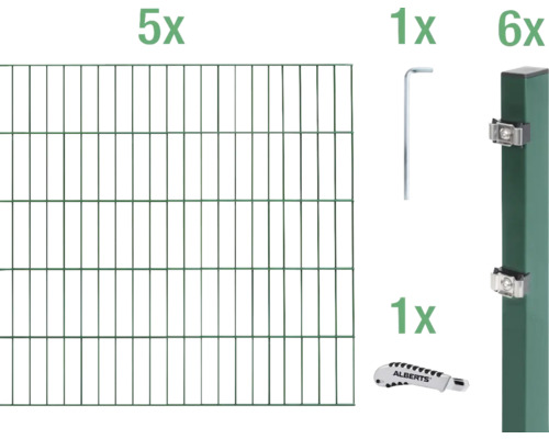 Kit de panneaux rigides double fil ALBERTS type 6/5/6 1000 x 120 cm vert Kit complet pour clôture en treillis métallique double fil avec éléments de clôture, poteaux, supports, clé Allen et aide au montage