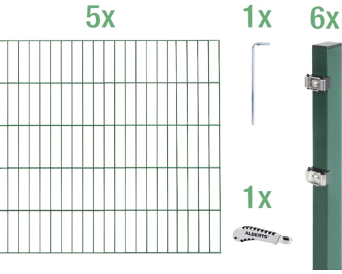 Kit de panneaux rigides double fil ALBERTS type 6/5/6 1000 x 80 cm vert Kit de clôture avec éléments de clôture, poteaux, clé et couteau