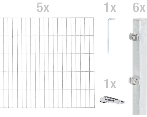 Kit de panneaux rigides double fil ALBERTS type 6/5/6 1000 x 140 cm galvanisé à chaud Kit de clôture avec cinq panneaux grillagés, une clé à fourche, un couteau à poteau et six poteaux de clôture