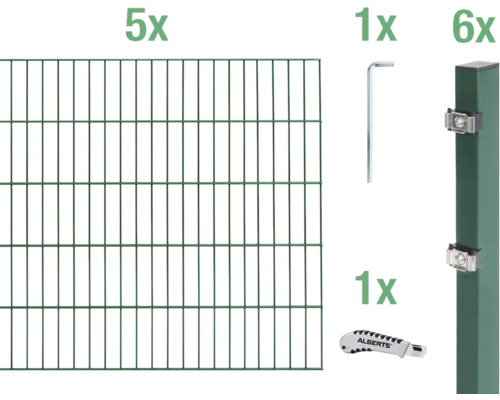 Kit de panneaux rigides double fil ALBERTS type 6/5/6 1000 x 160 cm vert Kit de clôture avec cinq éléments de clôture, une clé Allen, un couteau et six poteaux de clôture