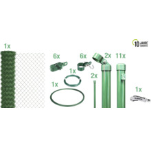 Kit complet de construction de clôture avec rouleau de grillage, poteaux de clôture, entretoises, fil de ligature, fil de tension, tendeur de fil et logo Alberts.
