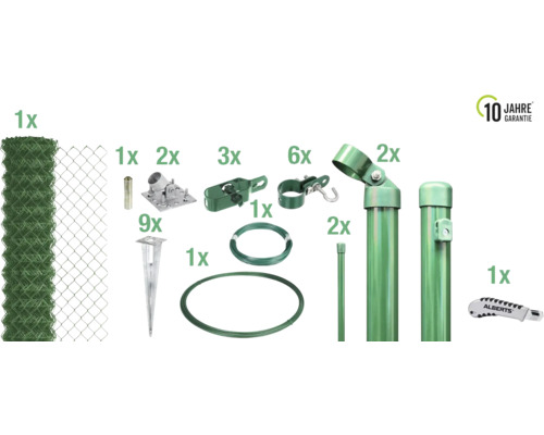 Komplettset für Gartenzaun mit Maschendrahtzaun, Pfosten, Bodenhülsen und Zubehör