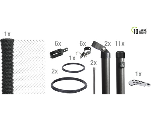 Kit de grillage simple torsion ALBERTS maillage 60 mm à sceller dans le béton 25 x 1,25 m anthracite Kit complet de clôture en grillage avec rouleau de grillage, poteaux de clôture, fil de tension et accessoires