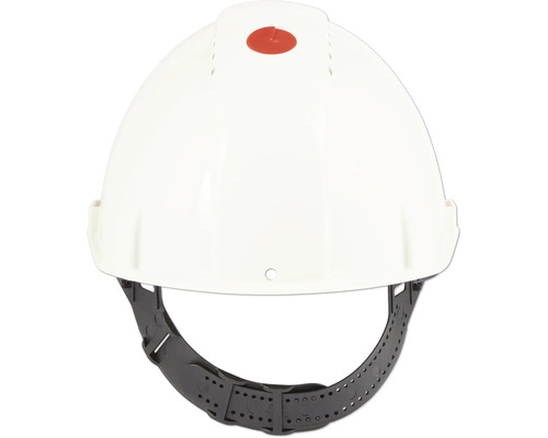 Weißer Bauhelm mit verstellbarem Kinnriemen