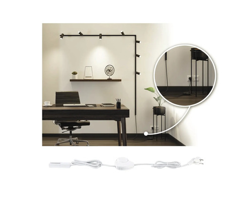 Szene eines Arbeitszimmers mit Schreibtisch und an der Wand montierter Schienenleuchte inklusive Zuleitung