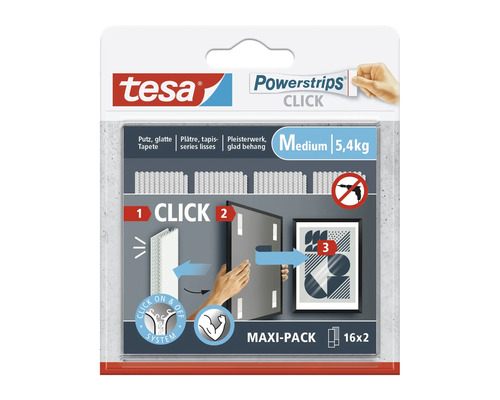 Tesa Powerstrips Click Pack maxi pour crépi et papier peint lisse blanc 5,4 kg 16 pièces Tesa Powerstrips Click Medium, pack de 16, pour accrocher des objets sans percer