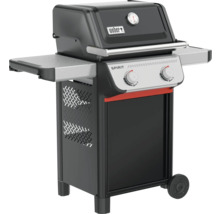 Barbecue à gaz Weber Spirit avec deux brûleurs, thermomètre dans le couvercle et tables latérales.