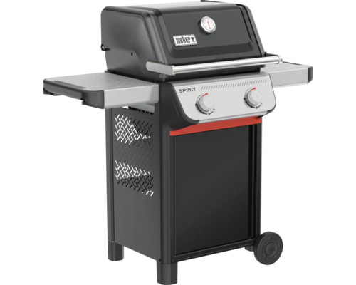 Barbecue à gaz Weber Spirit avec deux brûleurs, thermomètre dans le couvercle et tables latérales.