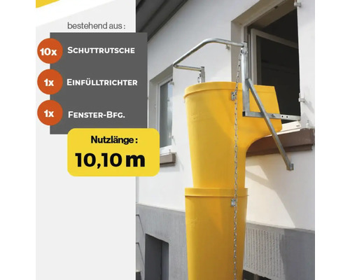 Bauschuttrutsche mit Einfülltrichter und Fensterbefestigung, Nutzlänge 10,10 Meter