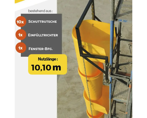 Bauschuttrutsche mit zehn Rutschen, einem Einfülltrichter und einer Fensterbefestigung mit einer Nutzlänge von 10,10 Meter