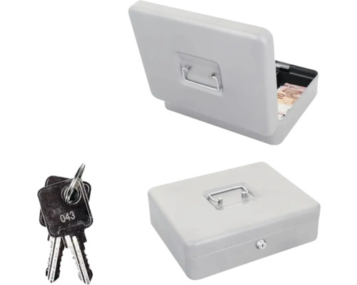 Graue Geldkassette mit Schloss und Schlüssel