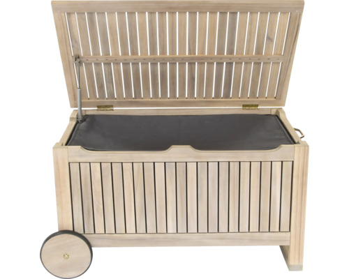 Geöffnete Gartenbox aus Holz mit Rädern und grauem Innenfutter