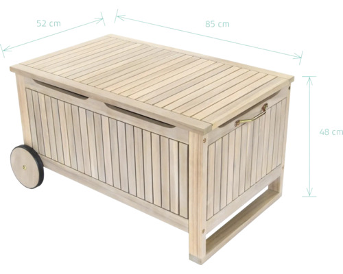 Holzkiste mit Deckel, Griff und Rädern, Abmessungen 85 x 52 x 48 cm