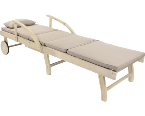 Chaise longue en bois avec coussin et roulettes pour le jardin