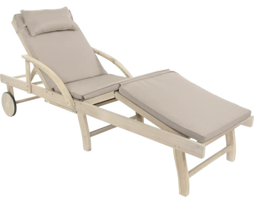 Chaise longue en bois avec coussin et roulettes