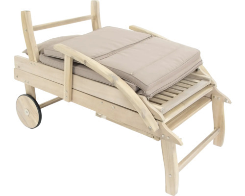 Chaise longue en bois avec roues et coussin