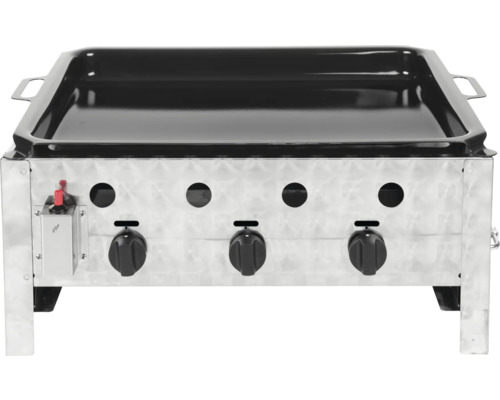 Plaque de cuisson en acier inoxydable avec trois brûleurs et commandes