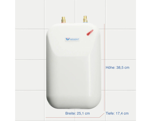 Chauffe-eau blanc avec dimensions sur un mur carrelé