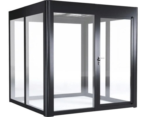 Cabine téléphonique avec portes en verre et cadre noir