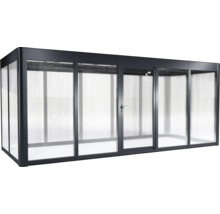 Abri de jardin moderne avec paroi transparente et porte