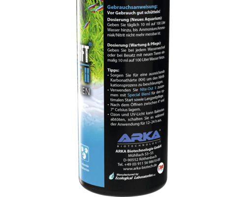 Flacon de démarrage de bactéries Arka avec instructions de dosage et notes d''application