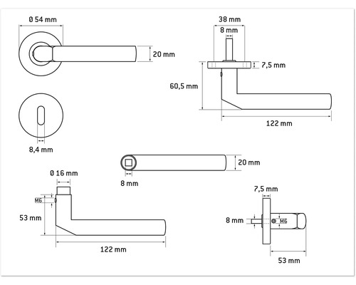 Schéma technique d''une poignée de porte avec dimensions