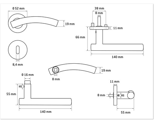 Technische Zeichnung eines Türdrückers mit Maßangaben