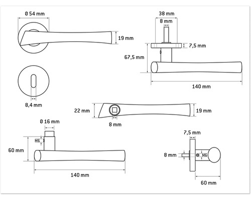Schéma technique d''une poignée de porte avec indications de mesure