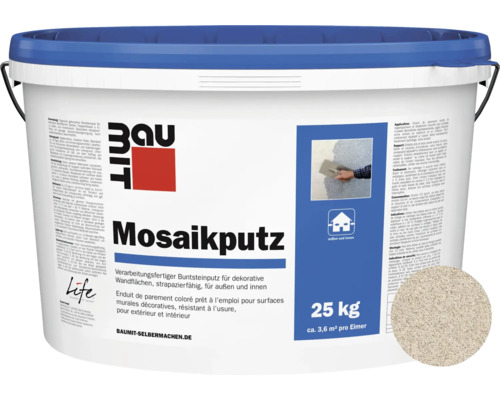 Enduit de granulats de marbre Baumit M327 enduit de finition prêt à l'emploi en couche fine blanc-beige 25 kg Seau d''enduit mosaïque Baumit, enduit de pierres colorées prêt à l''emploi pour surfaces murales décoratives, adapté à l''intérieur et à l''extérieur, 25 kilogrammes