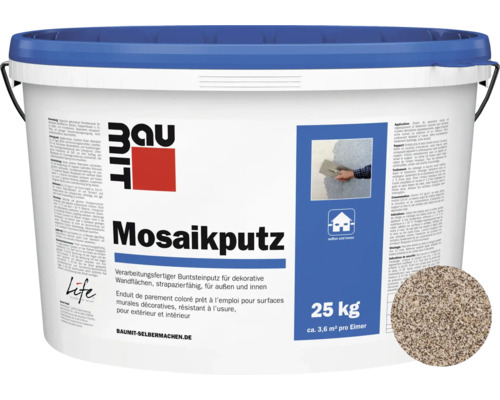 Enduit de granulats de marbre Baumit M327 enduit de finition prêt à l'emploi en couche fine blanc-beige-noir 25 kg Seau d''enduit mosaïque prêt à l''emploi pour surfaces murales décoratives, résistant à l''usure, pour extérieur et intérieur