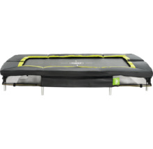 Trampoline de jardin rectangulaire avec bord de protection noir et bande d''accentuation verte.