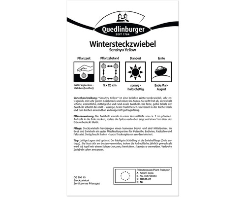 Oignon de printemps d''hiver Senshyu Yellow emballage contenant des informations sur la période de plantation, l''espacement, l''emplacement et la récolte