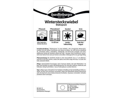 Paquet d''oignons d''hiver Shakespeare avec des informations sur la période de plantation, l''espacement, l''emplacement et la période de récolte