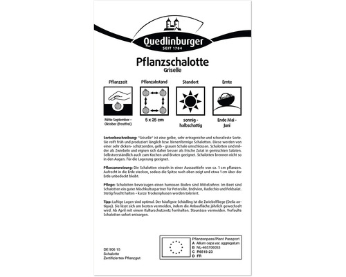 Emballage d''échalotes à planter Griselle avec des informations sur la période de plantation, l''espacement, l''emplacement et la récolte