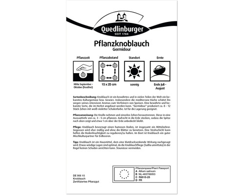 Emballage du produit ail à planter Germidour avec des informations sur la période de plantation, l''espacement, l''emplacement et la période de récolte