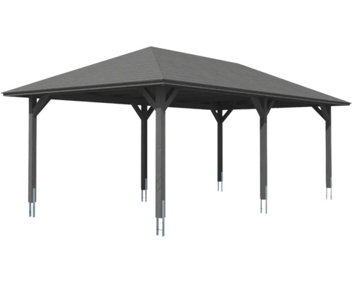 Pavillon avec toit gris et poteaux en bois