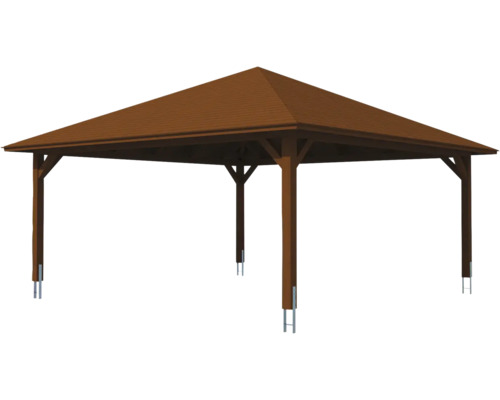 Pavillon avec toit en bois et poteaux en bois