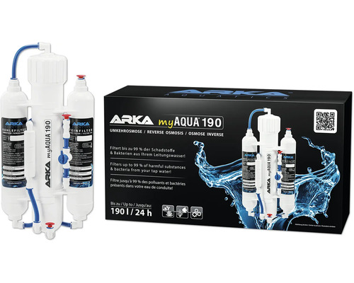 Installation d'osmose ARKA myAqua Système d'osmose inverse 190® traitement optimal d'eau du robinet, jusqu'à 190 litres/jour, contient des filtres à charbon, des filtres fins et des filtres à membrane, fonctionne sans électricité, sans produits chimiques