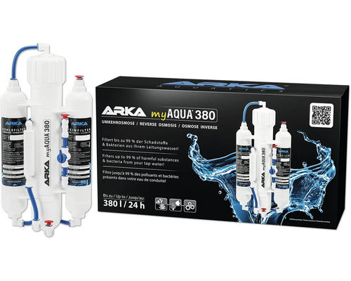 Installation d'osmose ARKA myAqua Système d'osmose inverse 380® traitement optimal d'eau du robinet, jusqu'à 380 litres/jour, contient des filtres à charbon, des filtres fins et des filtres à membrane, fonctionne sans électricité, sans produits chimiques